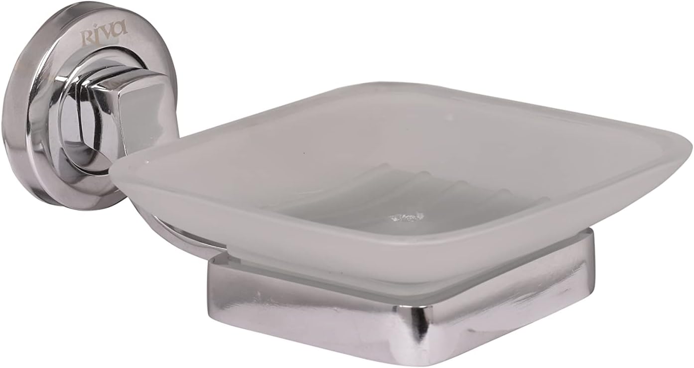 Rivaa Frosted Glass Soap Dish with Stainless Steel Holder | Square Soap Dish | Soap Dish for Bathroom | Glass Soap Dish Holder | Soap Cases | Soap Holder | Wall Mounted Soap Dish | Bathroom Accessories (Pack of 1)