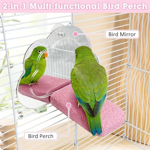 Image of PINVNBY 2 PCS Bird Perch with Mirror Resin Parakeet Perches Hanging Parrot Toys Interactive Bird Cage Accessories for Cockatiel Conure Lovebird Finch (Pink)