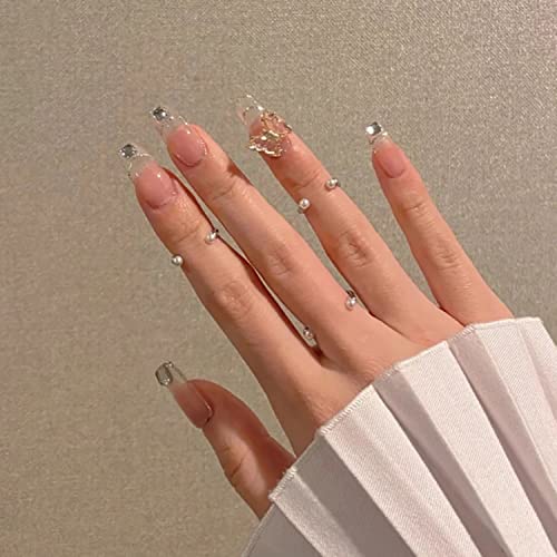 24PCS Press on Nails Medium, 3D Butterfly Coffin Fake Nails, Glossy Ballerina Acrylic Nails Press on, Glitter Artificial Glue on Nails Full Cover False Nails with Design Stick on Nails for Women Girls