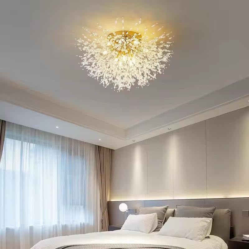 Image of Modern Crystal Flush Mount Chandelier - Luxury Gold Starburst Ceiling Light for Bedroom, Living Room & Hallway| 30cm