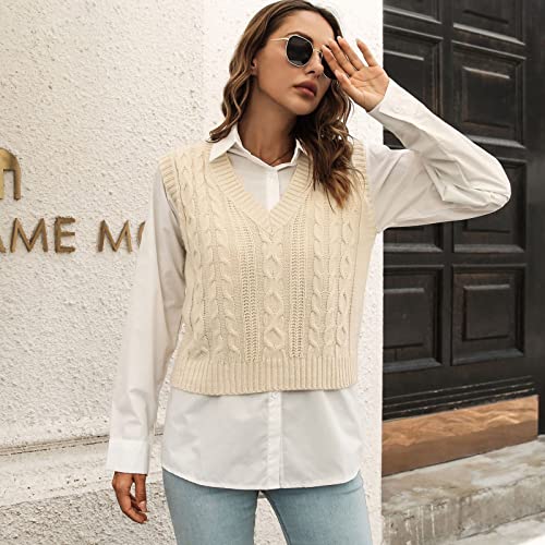 Image of jinghuiyue Women's Stripe Sweater Vest Classic V Neck Cable Knit Vest Sleeveless Pullover Ribbed Tank Tops
