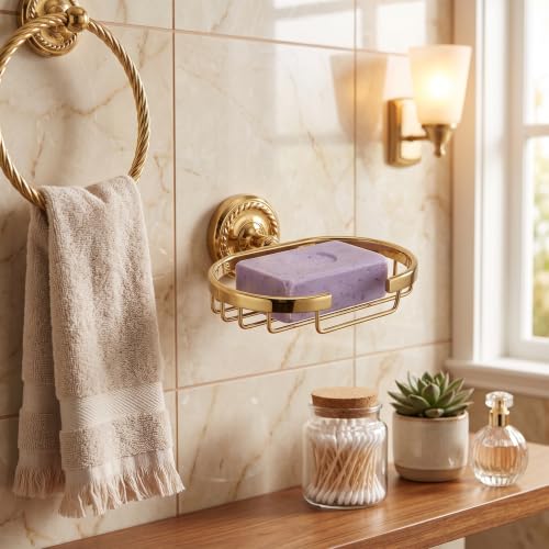 Garosa Bath Soap Dish for Shower Wall Mounted Metal Bar Soap Holder Sponge Holder Antique Basket for Bathroom Kitchen Screw Installation Gold Copper Stainless Steel by Garosa - Used condition - Image 2