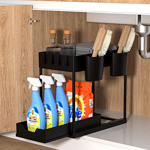 Rangement Sous Evier 2 Niveaux, Rehausser 34cm Coulissant Organisateur Sous Évier Etagere Tiroir avec 4 Patères et 2 Vasques Suspendues, Multi-Usage Étagère pour Cuisine Salle de Bain