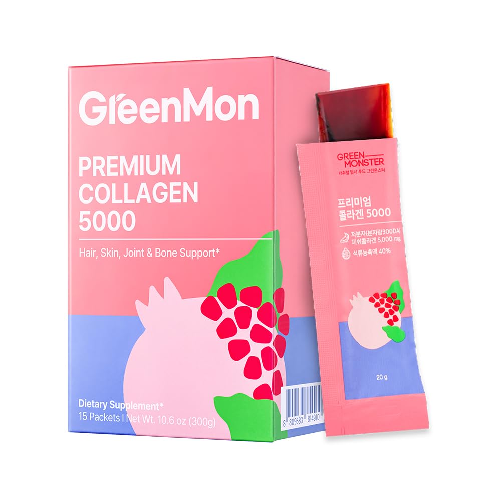 Premium Collagen 5000 – Korean Beauty Jelly Stick, Marine Collagen Peptides (300DA Ultra Low Molecular) with 40% Pomegranate & Hyaluronic Acid – Skin, Hair & Nails - 15 Sticks