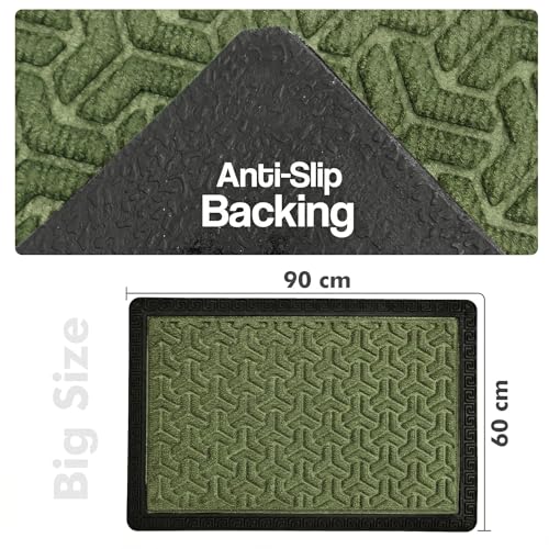 Image of Yellow Weaves Large Size (60x90 cm) Door Mat for Home Entrance, Outdoor Rubber Mat - Non-Slip, Anti Skid Foot Mat, Dirt Trapper, Heavy-Duty, Waterproof Doormat (Triangle Design, Olive Green Color)