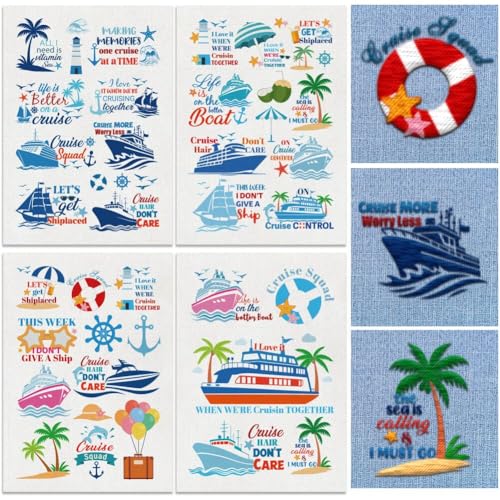 DOODLREAM Cruise Ship Water Soluble Hand Sewing Stabilizers, 8.3"x11.7" Summer Nautical Patterns Embroidery Pattern Stabilizer, 4 Sheets Embroidery Paper