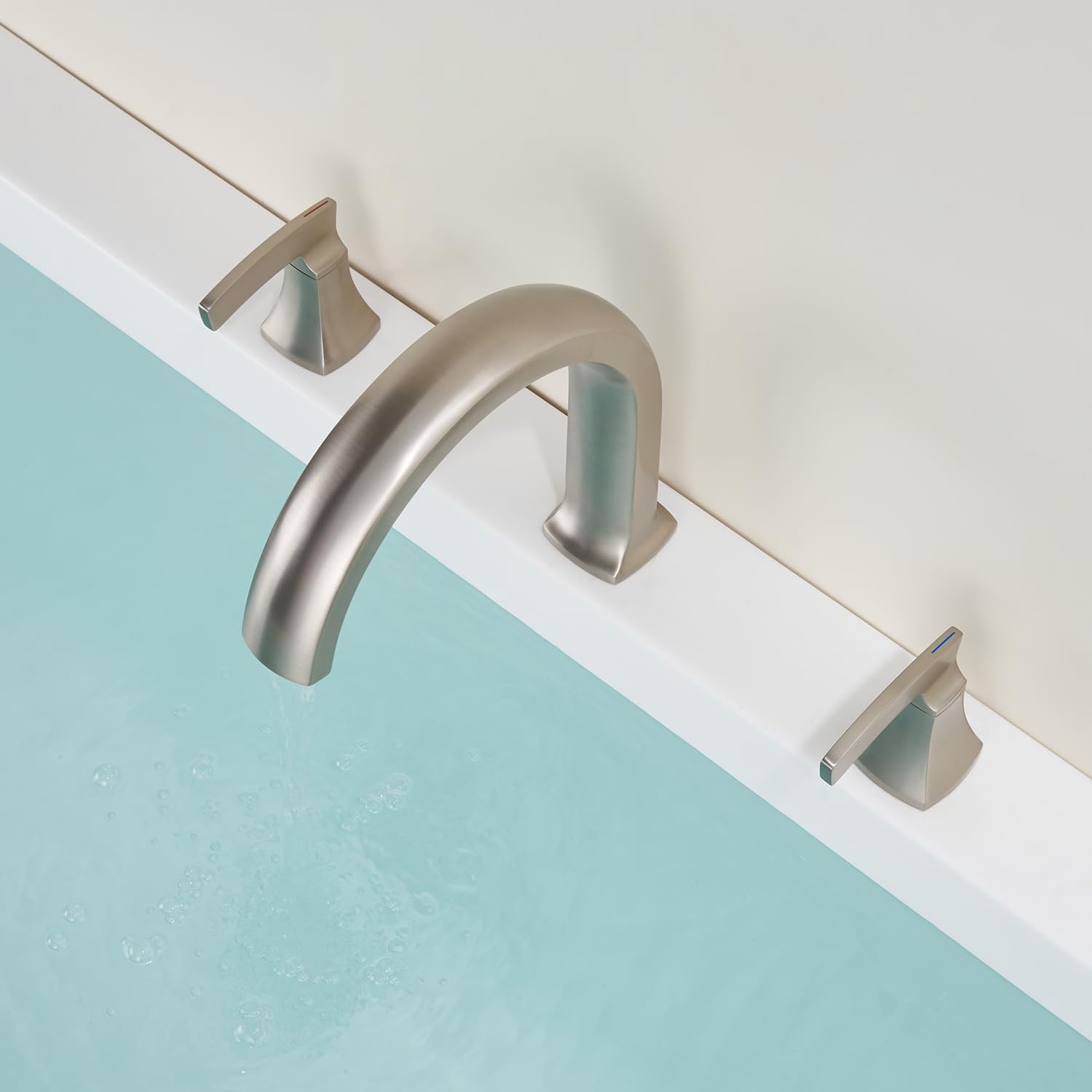 Roman Tub Faucet Deck Mount Tub Filler Waterfall Brushed Nickel Bathtub Faucets 3 Hole Brass Bathroom Faucets with 2 Handles