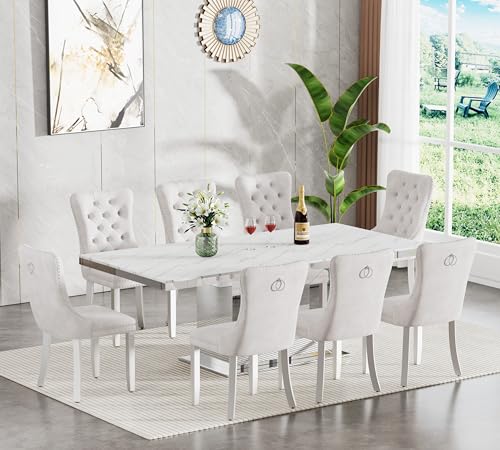 Image of 9-Piece Extendable Dining Table Set for 8, Modern 63 inch-94 inch White Marble Expandable Kitchen Table Set with 8 Velvet Chairs, Large Extendable Dining Room Tables with Mirrored U-Shape Base