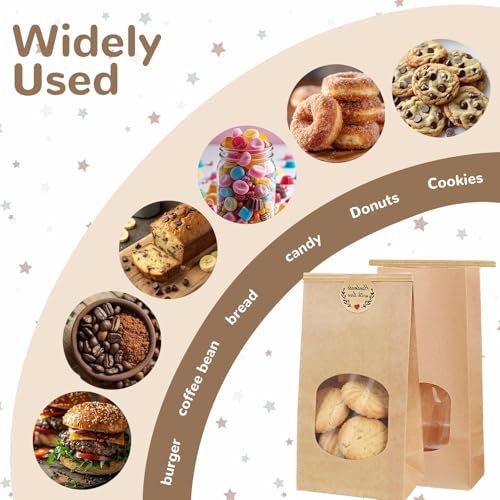 32 Stück Kleine Kekstüten Keksbeutel mit Fenster,18x9x5.5cm Braun Plätzchentüten mit Kraftpapier Tüten Aufkleberund und Verschlussclips für Gebäck, Süßigkeiten, Kekse Geschenktüte