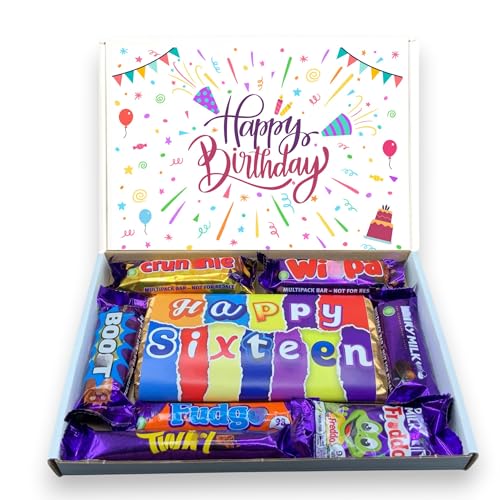 HAPPY SIXTEEN Birthday Treat Box Ultimate Treat Hamper Filled with Chocolates Fun Gift Idea for Teen Boys & Girls for Sixteen Celebration or Surprise Present Letter Box Friendly