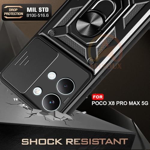 Image of Armor Bumper Back Cover Case for Poco X8 Pro MAX 5G | Rotating Camera Cover, Ring Holder & Kickstand | Heavy Duty & 360 Degree Protection Poco X8 Pro MAX 5G Back Cover (Black)