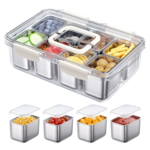 Snackle Box Container: 8-compartment stainless steel tray with lid