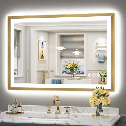 Image of 44x30 Gold Beveled LED Bathroom Mirror with Lights, Brushed Gold Framed Backlit and Front Lit Anti-Fog Lighted Vanity Mirrors for Bathroom Wall, Dimmable, 3 Colors, Memory, HD Tempered Glass