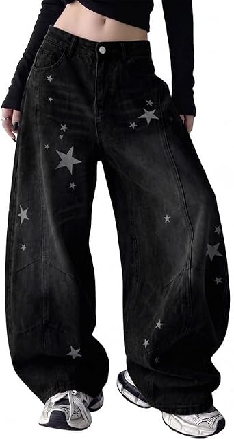 Baggy Jeans Women Cute Y2K Star Low Rise Barrel Denim Pants