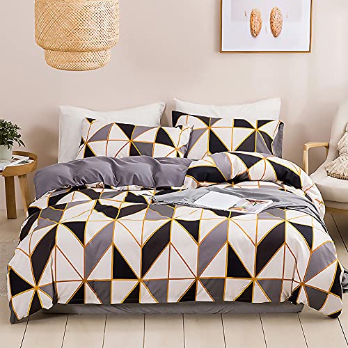 Funda Nordica Geométrica Cama 135/150 Patrón de Triángulos y Azulejos, Juego de Fundas Nórdicas Rayas 100% Microfibra Suave Funda Edredon 220x240 cm y 2 x Fundas de Almohada de 50x75 cm, Gris Negro Cover