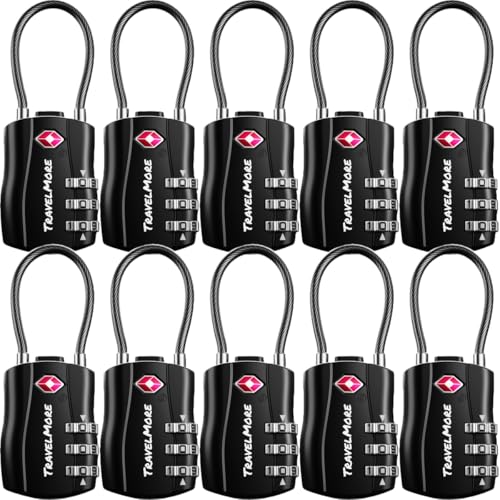 TSA-Kofferschlösser | Gepäckschlöss mit flexiblem Kabel | TSA-Schlöss für Flugreisen | Schlösser für Koffer, Rucksäcke, Gepäck | 10er-Pack, Schwarz