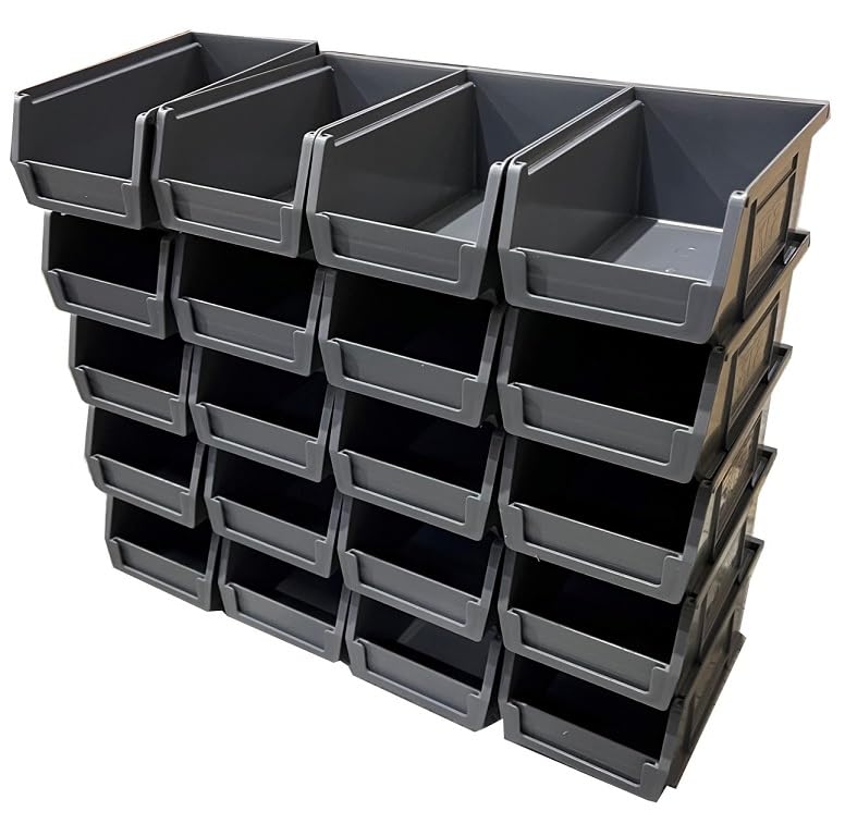Solent Plastics 20 x XL2 Size 2 Small Parts Plastic Open Fronted Storage Stackable Bins 1 Litre Linbin Order Picking Stacking Boxes (Pack of 20) (Grey)