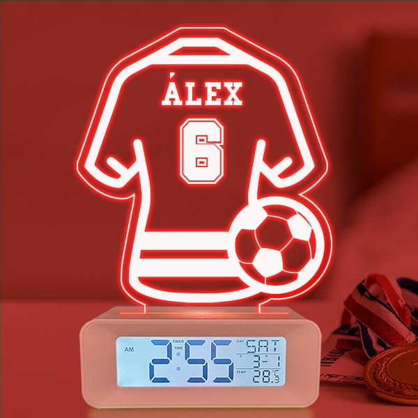 Transparent Gift Reloj Despertador Personalizado con Nombre Camiseta Fútbol con Luz LED. Lámpara con Luz Nocturna Mesita Noche. Regalos Originales para Cumpleaños. Despertadores Personalizados Deporte