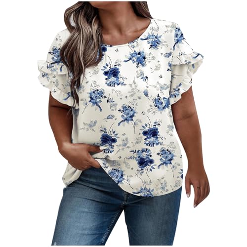Ruffle Short Sleeve Hoods for Women Fall Winter Crewneck Floral Print Loose Fit Plus Size Hooded Outfits Women 2025