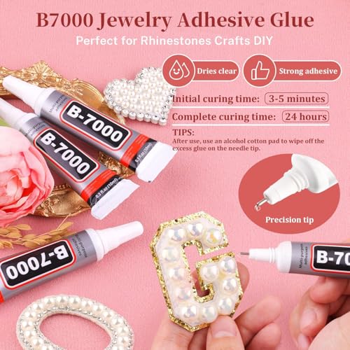 Image of Flatback Pearls for Crafting with 3Pcs 10ml B7000 Jewelry Glue, 3 Boxes of Half Round Beige AB Pearls, Bedazzling Beads for DIY Crafts Clothing Tumblers Shoes Embellishment Nail Art