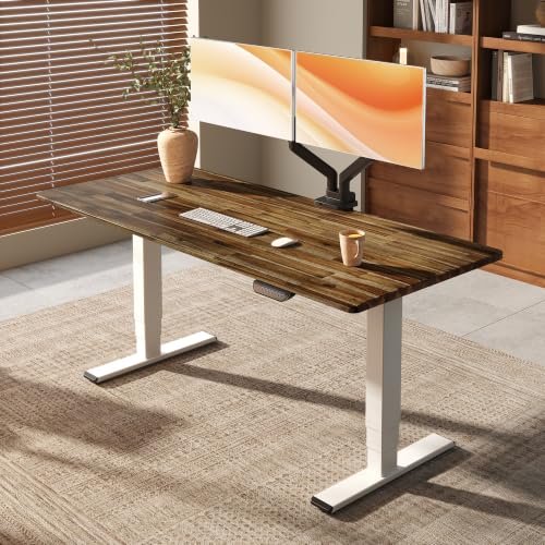 Image of FLEXISPOT E6 MAX Woodix Acacia Solid Wood 60x30 Inch Dual Motor Heavy Duty Standing Desk, 330lbs Capacity, 3-Stage Height Adjustable Desk w /Cable Management & Wheels(Walnut Acacia Wood + White Frame)
