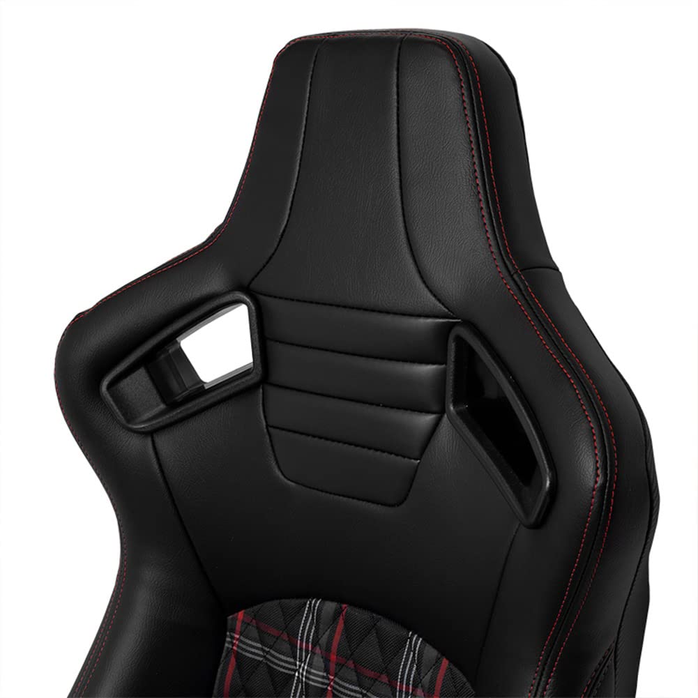 AutoStyle Siège baquet 'GT' - Simili Cuir Noir + Tissu en motif à carreaux Rouge + Surpiqûres Rouge - Dossier réglable - incl. glissières