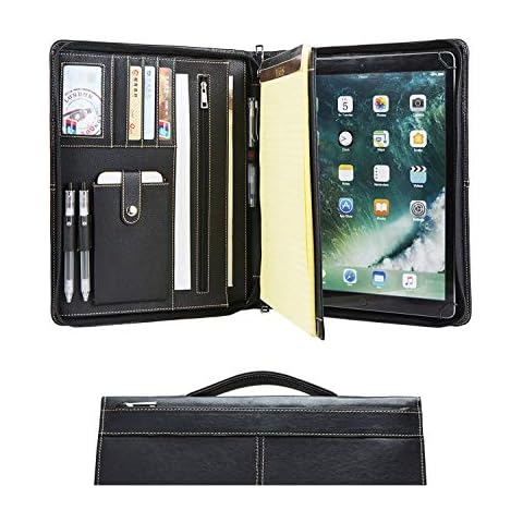 Leather Portfolio Folder A4 Conference Folder Zipped Organiser Business Padfolio Leather Document Holder Organizer Case with Retractable Handle/Writing Pad, for iPad Pro 12.9 inch 2015/2017, Black Cover