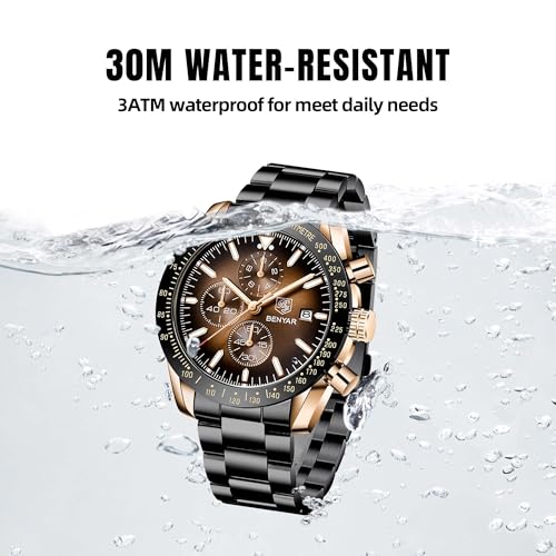 BENYAR herrenuhr Braun Leder Strap Chronograph Quarz Uhr Männer Datum Kalender Wasserdicht Armbanduhr Herren Sport mit Blau/Schwarz Zifferblatt Elegantes Geschenk – Bild 4