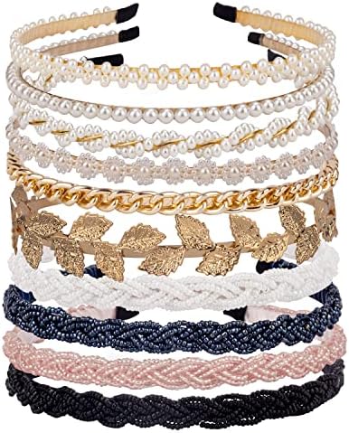 LYroo Pearl Headbands Beaded Headband Metal Head Bands No Slip Hair Accessories for Women Girls,10 Pack