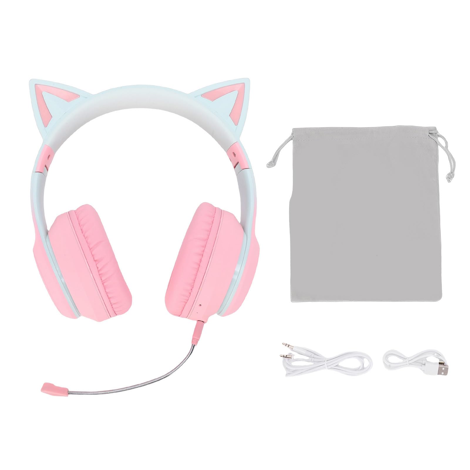 Kabelloses Gaming-Headset, niedliche Katzenohren, Bluetooth 5.3, LED-Beleuchtung, abnehmbares Mikrofon, 40-mm-Treiber, 3,5-mm-AUX-Kabel, faltbar, Bequeme Ohrpolster (PINK)