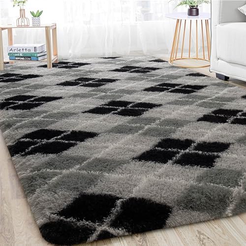 Meralax Black and Grey Checkered Area Rug, Geometric 5x8 Soft Fluffy Rugs for Living Room Bedroom, Machine Washable Shaggy Rugs Indoor Floor Carpet for Kids, Girls, Dorms, Home Decor Aesthetic