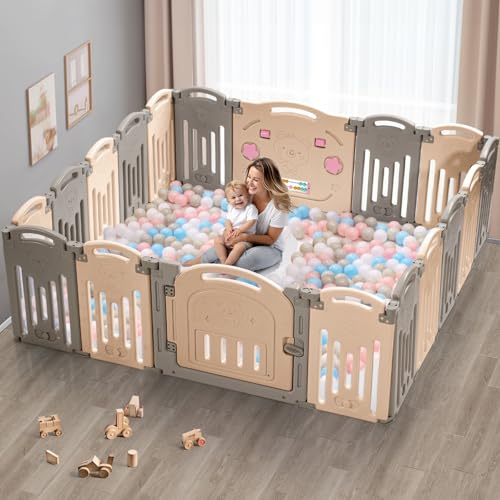 Image of Uanlauo 18 Panel Baby Playpen - Foldable Play Yard for Toddlers, Safety Baby Fence, Easy Assemble, Indoor/Outdoor Use (Off-White)