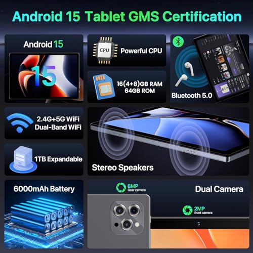 Android Tablet, 2026 Tablet 10.1 inch Android 15 Tablets, 16GB+64GB+1TB Expansion Octa-Core Processor, 6000mAh Battery, Widevine L1, 1280 * 800 IPS, 5G/2.4G WiFi 6, 2MP+8MP, Bluetooth 5.0 (Grey) - Image 4