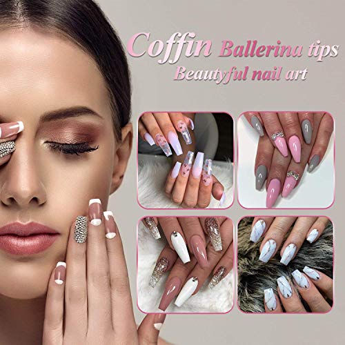 Clear Nail Tips False Nails, 500Pcs Long Full Cover Coffin Fake Nails Tip, Ballerina Artificial False Nails with Box-Nail Glue/Nail Files/Sponge Polishing/Nail Clipper/Nails Rhinestones for Nail Art