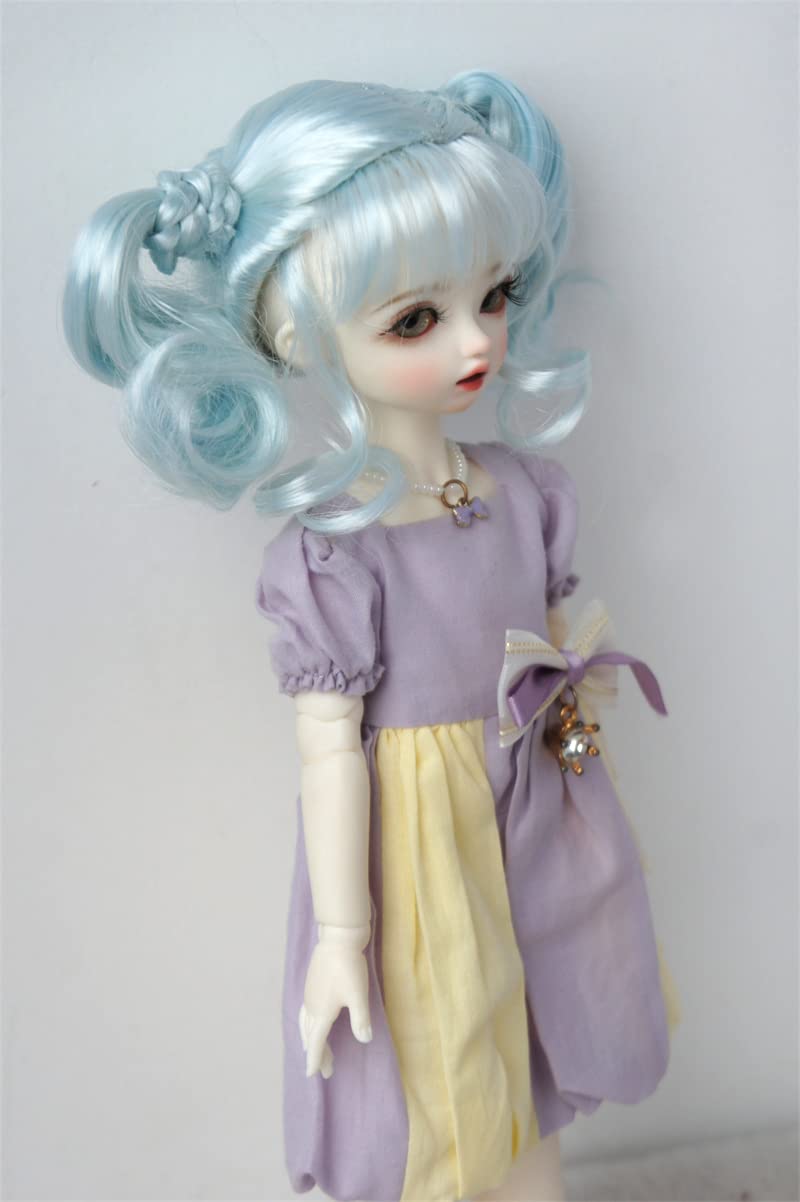 JD690 1/6 YOSD 6-7inch Double Nature Curls Ponytail Full Bangs Synthetic Mohair Doll Wigs (Blend Blue)
