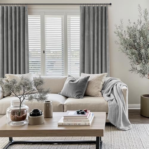 Image of Pitalk Grey Velvet Curtains 84 Inches Long 2 Panels Luxury Blackout Curtains for Bedroom Living Room Thermal Insulated Super Soft Window Drapes Gray Rod Pocket & Back Tab W52 x L84 Inch Length