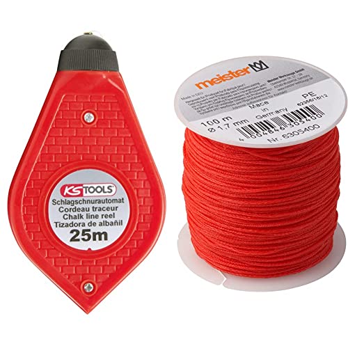 KS Tools 300.0080 Markierungsschnur, 25m & Meister Maurerschnur rot - 100 m Länge - Ø 1,7 mm - Polyethylen geflochten - Knotenfest - Reißfest & Belastbar - Auf Spule/Richtschnur / 6305400