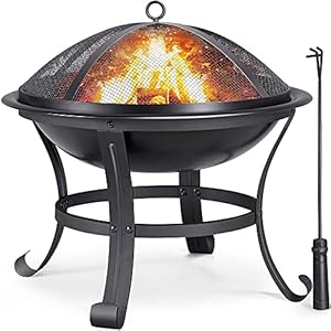 Yaheetech Round Steel Fire pit for Garden Fire Bowl Outdoor Fire Pit Charcoal Log Wood Burner Patio Heater with Mesh Screen Cover & Poker for Camping Bonfire Picnic