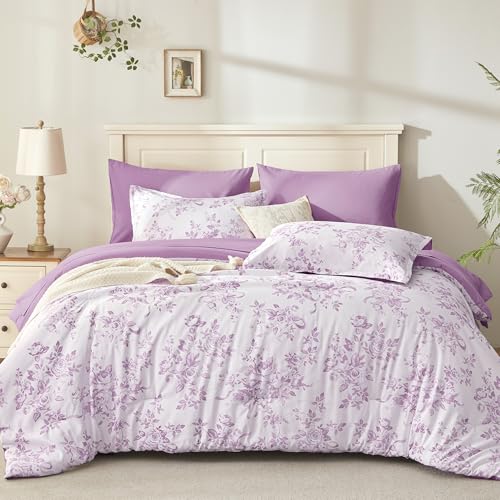 Image of Andency Floral Comforter Set Full Size, 7 Pieces Purple Flower Lightweight Bedding Set for All Seasons, Soft Vintage Bed in a Bag with Comforter, Sheets, Pillowcases & Shams