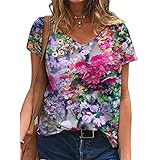 Mayntop Summer Top for Women Graphic T-Shirt Flower Floral Pattern Print Short Sleeve Casual V-Neck Loose Soft Tee(T5 Purple,2XL)