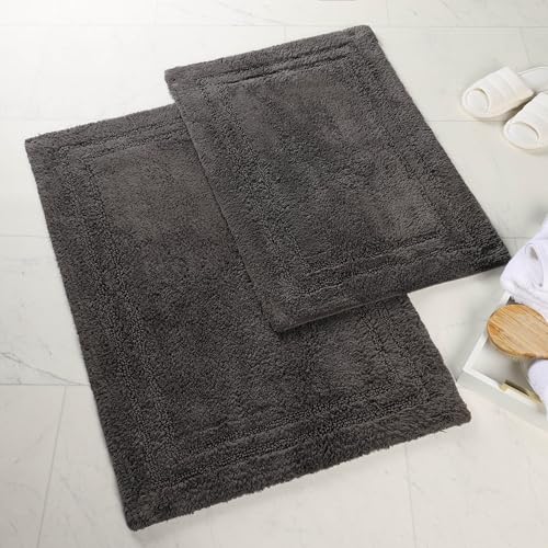Superior Non-Slip 2 Piece Bath Rug Set, Ultra Plush, Soft, and Absorbent 100% Combed Cotton Pile - Traditional Oval Bath Mat Set, Charcoal