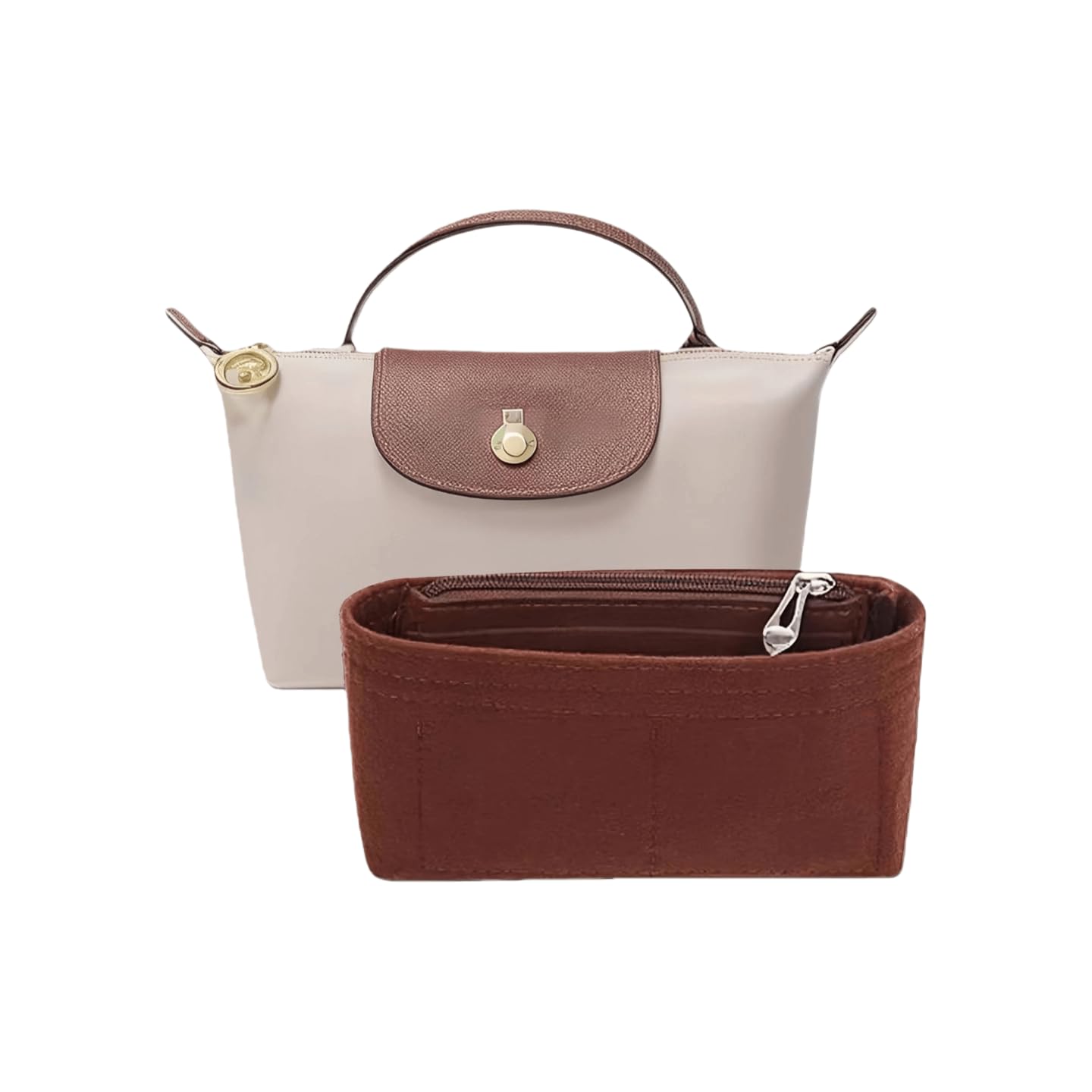 Chispee Purse Organizer Insert Felt Bag Organizer fit GG Marmont Matelasse Shoulder Bag Storage & Finishing Inner Handbags Insert Organizer for Longchamp Mini,Coffee