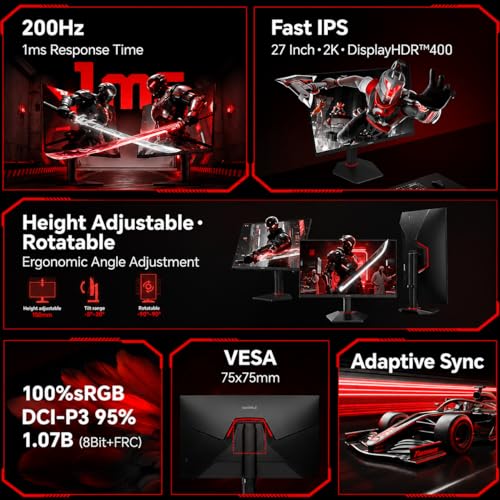 Image of KOORUI 27 Inch 1440p Gaming Monitor 200Hz, 1ms, Fast IPS Screen, HDR400, 95% DCI-P3 Color Gamut, Height /Pivot /Tilt Adjustability, Adaptive Sync Technology, HDMI & DP Ports, 2K Monitor, Black, G2722P