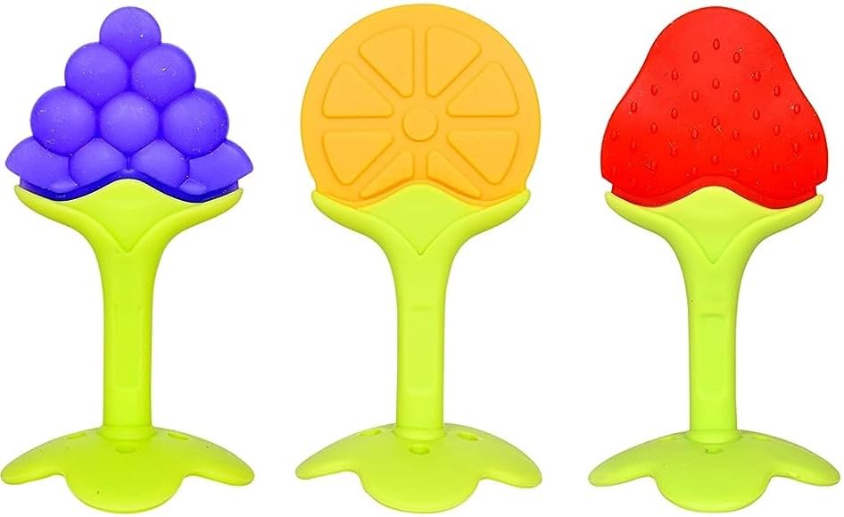 Image of 1 Baby Skin Care Powder Talcum Puff Case Cum Container Box With 1 Soft Silicone Fruit Shape Molar Teething Toy for Toddlers Kids and Infants BPA Free (DESIGN 202)