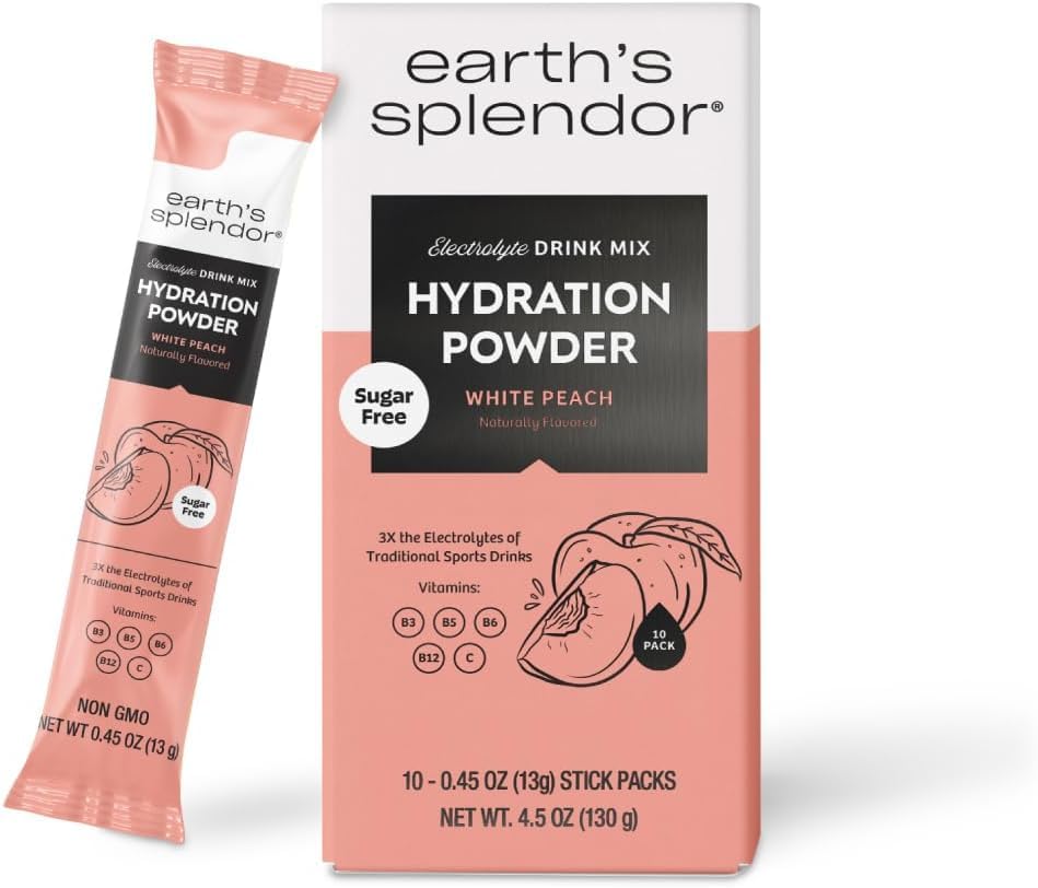 Earth's Splendor Hydration Powder, Sugar Free White Peach | 10 Pack | Single Serving Electrolyte Sticks
