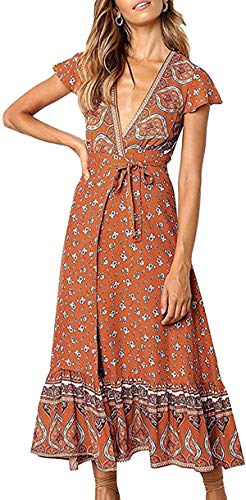 Image of R.Vivimos Women's Summer Short Sleeve Floral Print Bohemian Beach Waist Tie Wrap Long Flowy Dress with Slit