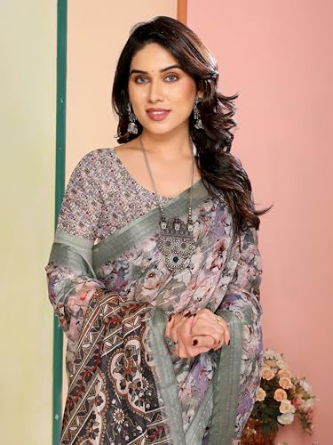 Image of Sidhidata Women's Cotton Linen Blend Lining Digital Printed Saree With Unstitched Blouse Piece (Linen Lining Saree)