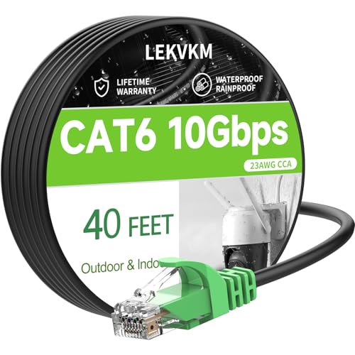 Image of Cat 6 Ethernet Cable 40 ft, 23AWG Solid CCA Copper-Clad Aluminum, PE Waterproof Outdoor, Rigid Durable Jacket for Direct Burial and Conduit Runs, Supports 10Gbps - Green Head