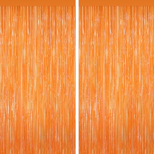 YEURFONTASY Orange Tinsel Backdrop Foil Fringe Curtains - 2 Packs Door Streamers Backdrop for Birthday Door Decorations Party Supplies for Bachelorette Graduation Christmas Disco Decor
