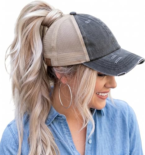 Image of Funky Junque Womens Baseball Cap Dad Hat Ponytail Messy Bun Trucker Ponycap